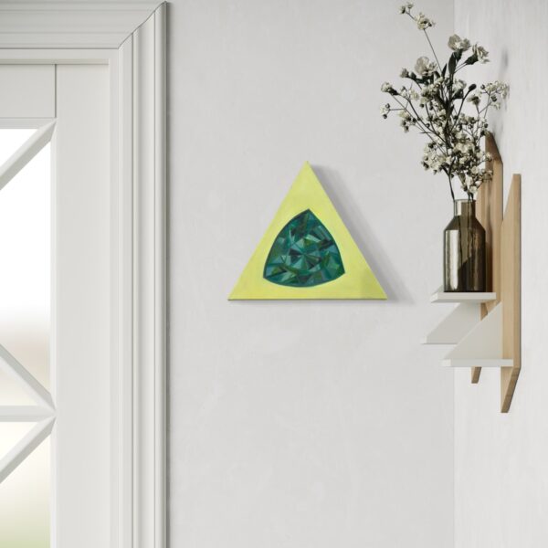Geometric Emerald Serenity realistic oil painting of diamond on a triangle canvas on the wall Geometric Emerald Serenity realistic oil painting of diamond on a triangle canvas on the wall