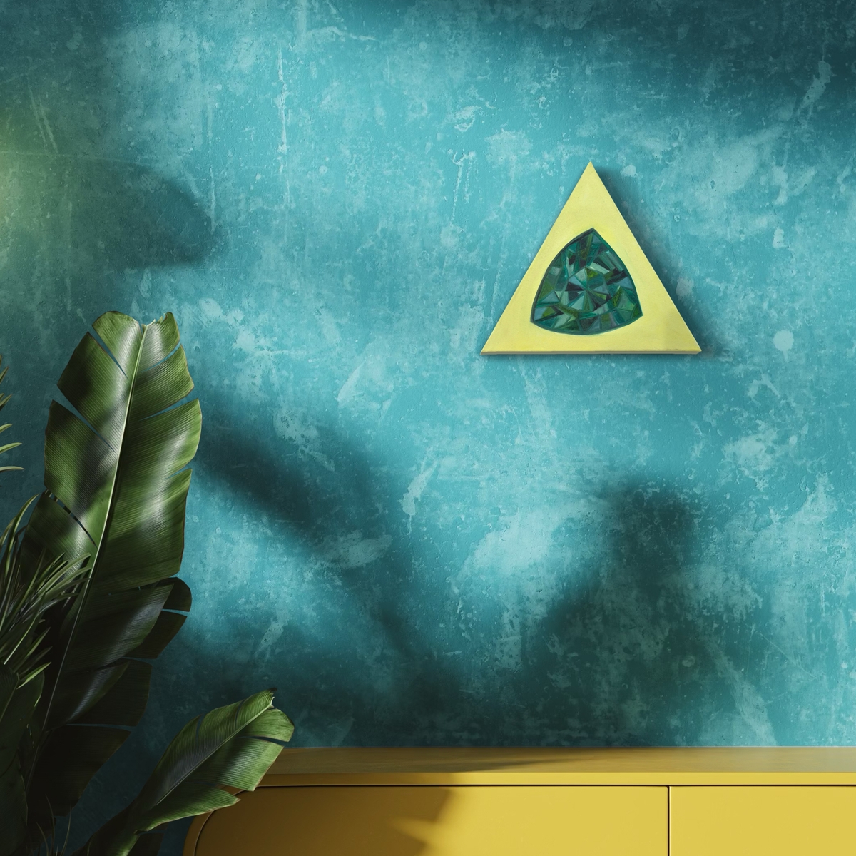 Geometric Emerald Serenity realistic oil painting of diamond on a triangle canvas on the wall