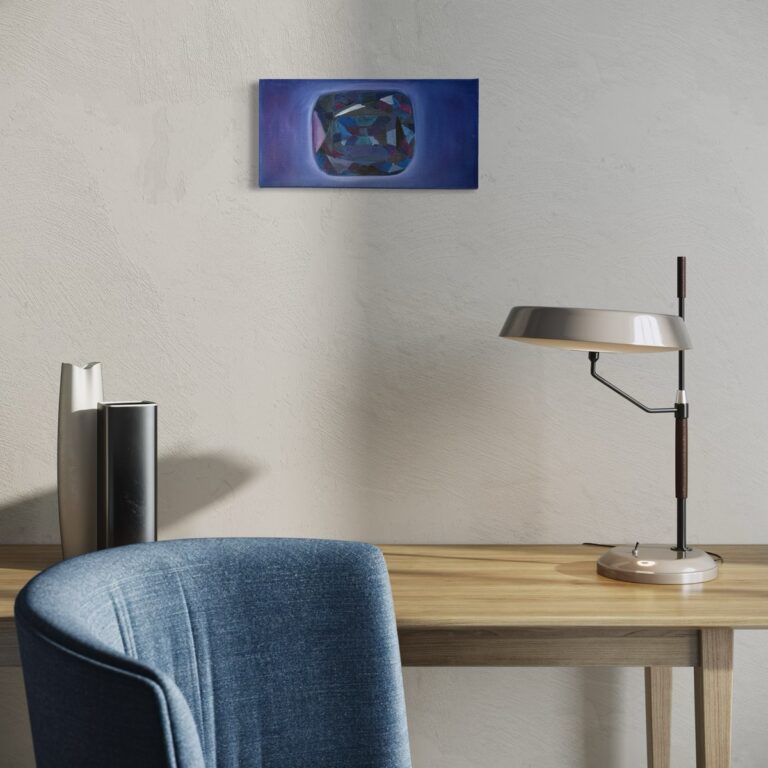 Celestial Facets of Sapphire - A realistic rectangular oil painting of a Sapphire diamond on wall