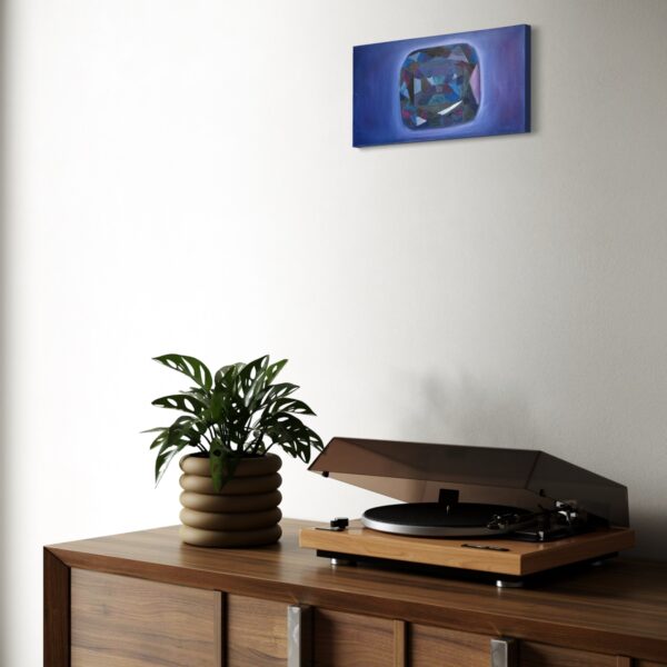 Celestial Facets of Sapphire - A realistic rectangular oil painting of a Sapphire diamond on wall