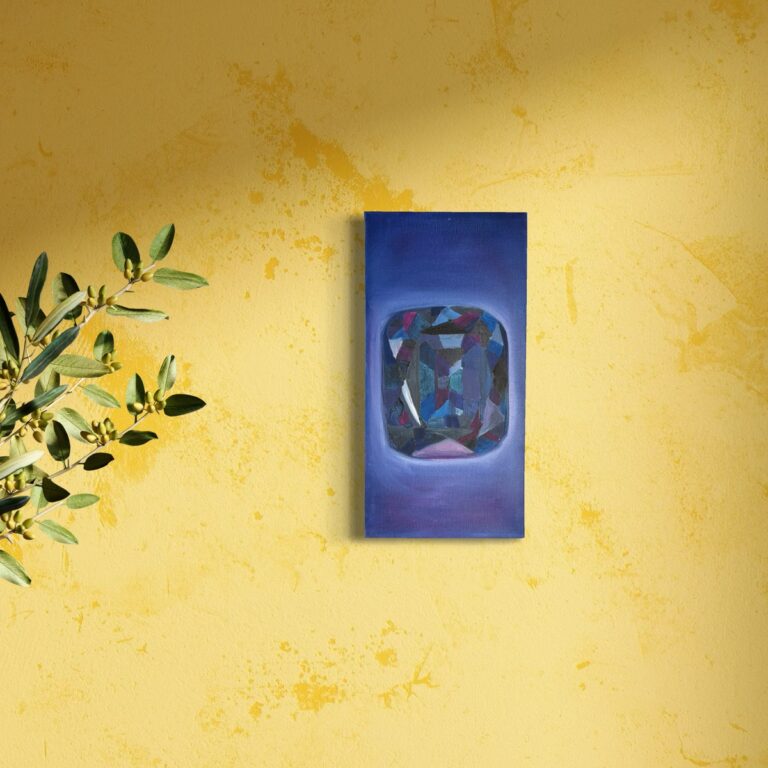 Celestial Facets of Sapphire - A realistic rectangular oil painting of a Sapphire diamond on wall