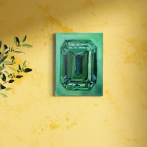 Realisting oil painting of an Emerald hanging on a wall