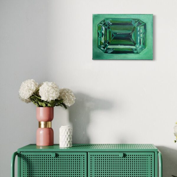 Realisting oil painting of an Emerald hanging on a wall Realisting oil painting of an Emerald hanging on a wall